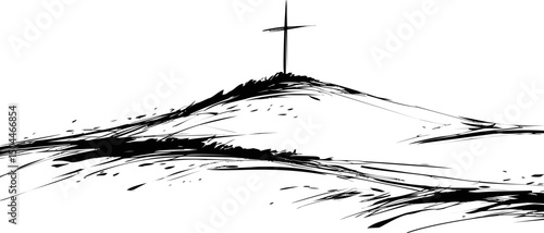Minimalist black and white hill with cross in ink art style depiction. Vector illustration