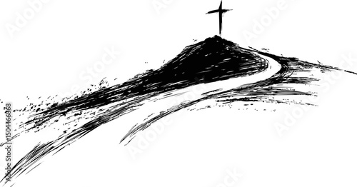 Brushstroke path leading to a cross on a hill in black and white illustration. Vector illustration