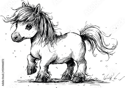 Cute sketch of a furry pony with flowing mane and expressive eyes, artwork. Vector illustration