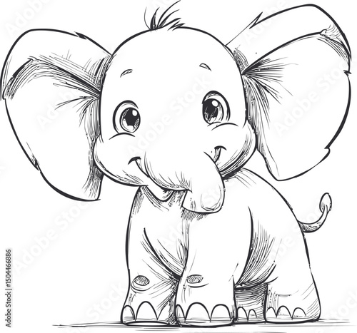 Cute cartoon baby elephant sketch with big ears and happy expression. Vector illustration