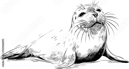 Illustration of a detailed seal lying with whiskers visible. Vector illustration