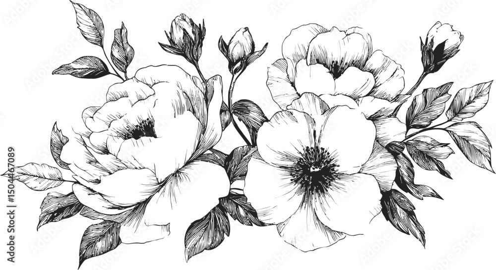 Black and white floral drawing with peonies and buds, botanical illustration. Vector illustration Black and white floral drawing with peonies and buds, botanical illustration. Vector illustration