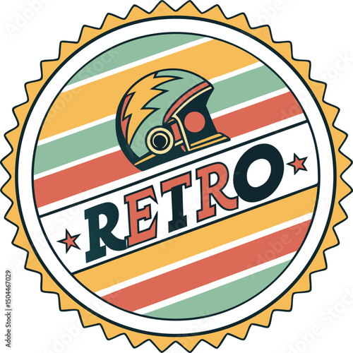 Colourful Retro Emblem with Vintage Motorcycle Helmet Design and Striped Background