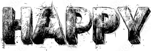 Sketch styled black and white 'happy' typography illustration. Vector illustration