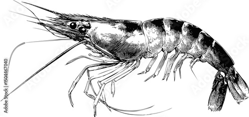Detailed black and white shrimp illustration with intricate patterns. Vector illustration