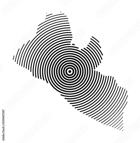 Abstract map of Liberia showing the country with concentric black tapering lines