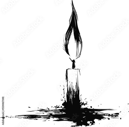Black and white ink drawing of a melting candle with flame. Vector illustration