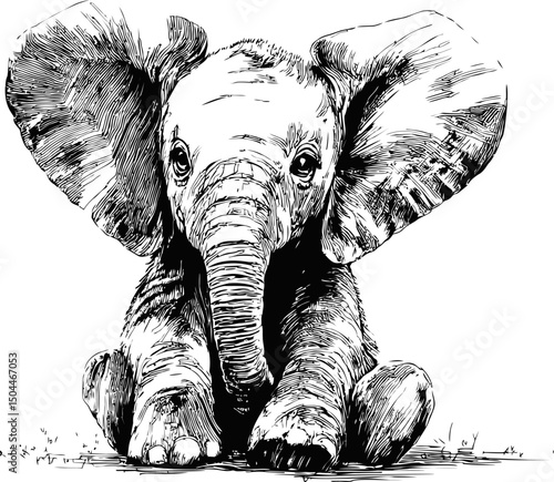 Black and white sketch of a baby elephant sitting peacefully. Vector illustration