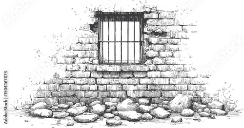 Abandoned brick wall with barred window and scattered stones in sketch style. Vector illustration