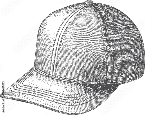 Intricate sketch of a classic baseball cap in grayscale with detailed shading. Vector illustration