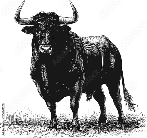 Black and white illustration of a standing bull with large horns on grass. Vector illustration