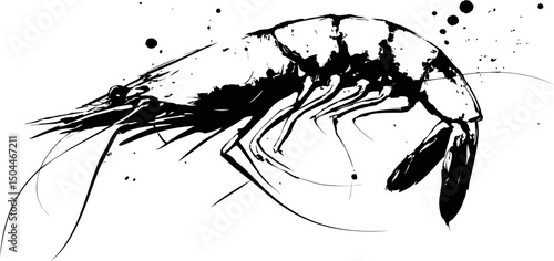 Ink illustration of a shrimp with abstract splatters. Vector illustration