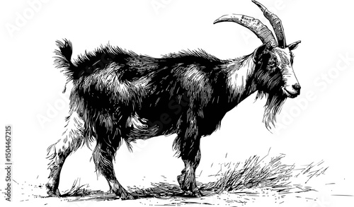 Detailed black and white goat sketch with prominent horns in side profile. Vector illustration