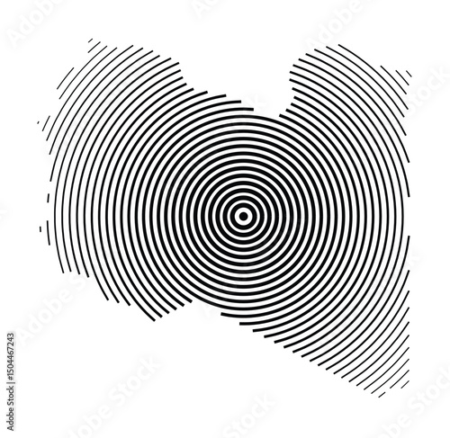 Abstract map of Libya showing the country with concentric black tapering lines