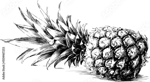 Detailed black and white illustration of a pineapple with spiky leaves. Vector illustration