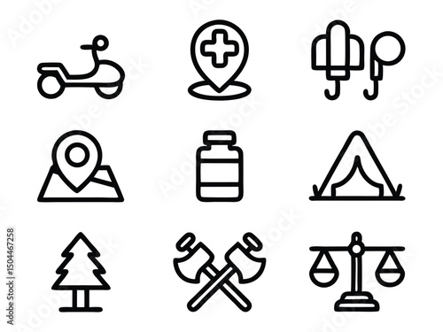 Vector icons set of travel and medical elements in black outline style design