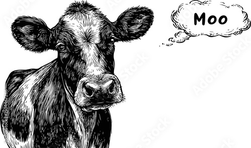 Black and white sketch of a cow saying moo with a speech bubble. Vector illustration