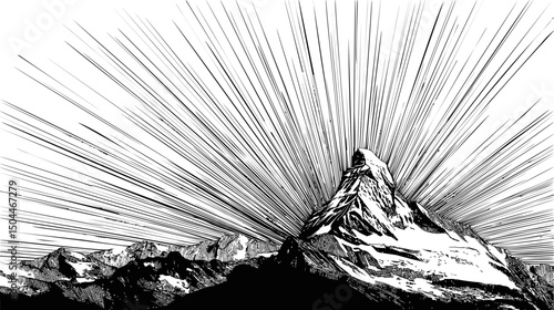Sunburst behind snowy mountain peaks in a dynamic black and white illustration. Vector illustration