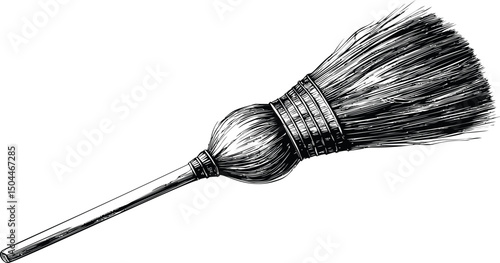 Detailed black and white illustration of a traditional straw broom. Vector illustration