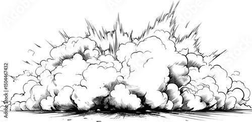 Black and white explosion with thick smoke in stylized comic art. Vector illustration