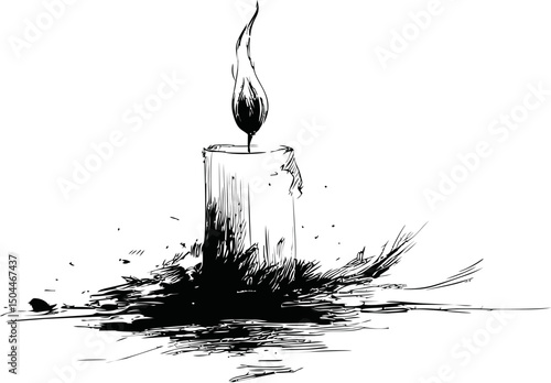 Ink drawing of a burning candle with melting wax on a rough surface. Vector illustration
