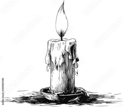 Intricately drawn melting candle in dish with flame. Vector illustration