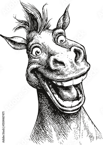 Cheerful cartoon donkey with a wide smile in black and white illustration. Vector illustration