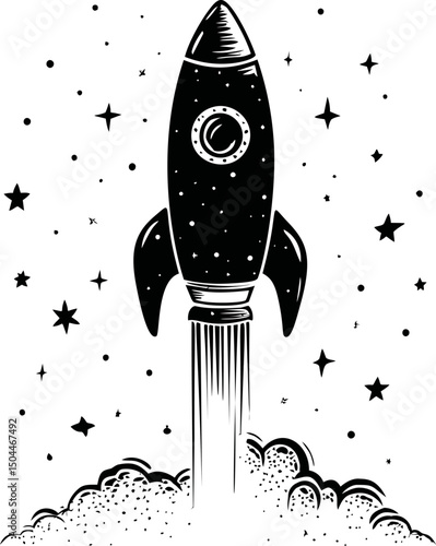 Black and white rocket launching into space with stars and smoke illustration. Vector illustration
