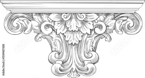 Intricate ornamental plaster molding with floral and swirl designs in black and white. Vector illustration