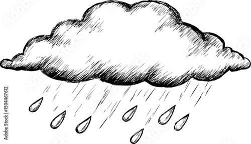 Hand-drawn sketch of a storm cloud with raindrops and conceptual art style. Vector illustration