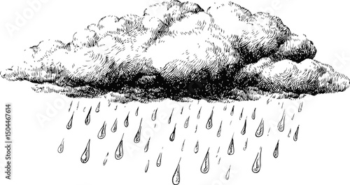 Detailed black and white illustration of a rain cloud with heavy raindrops. Vector illustration