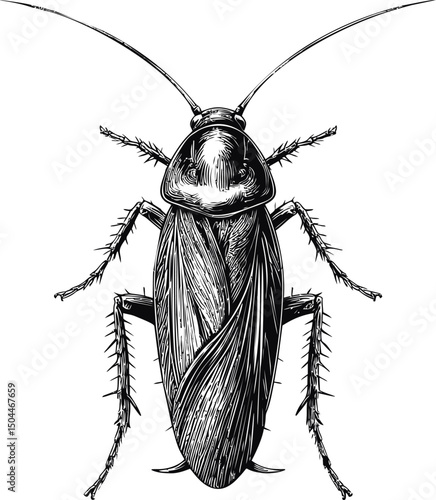 Detailed black and white illustration of a cockroach insect close-up. Vector illustration