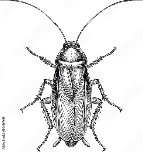 Detailed black and white illustration of a cockroach insect with intricate patterns. Vector illustration