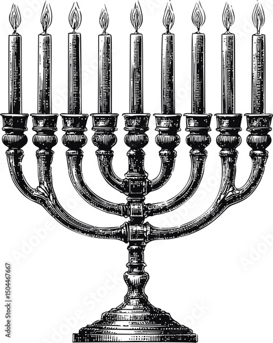 Vintage black and white menorah illustration with nine lit candles. Vector illustration