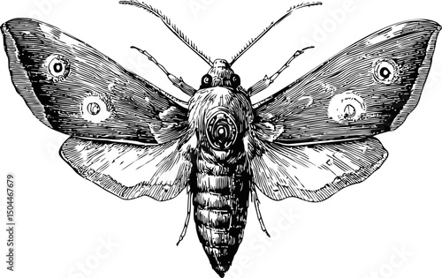 Intricately detailed black and white illustration of a moth with open wings. Vector illustration