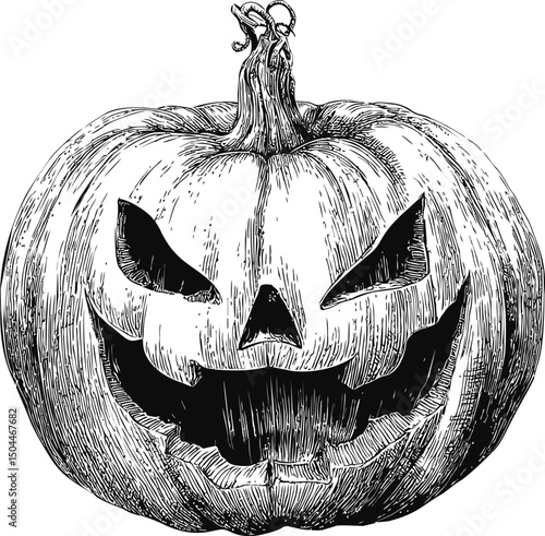 Intricately detailed jack-o'-lantern illustration in black and white, halloween theme. Vector illustration