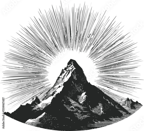 Mountain peak with sunburst rays in black and white etching style. Vector illustration