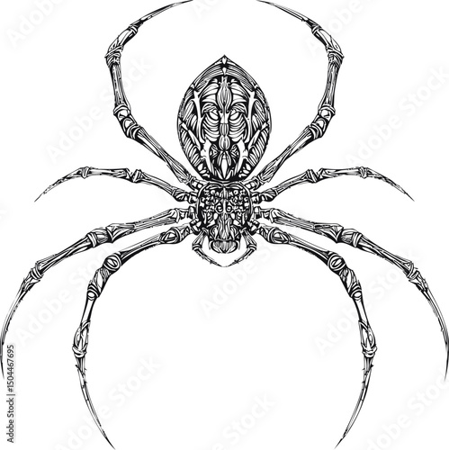 Intricate black and white illustration of a detailed ornate spider design. Vector illustration
