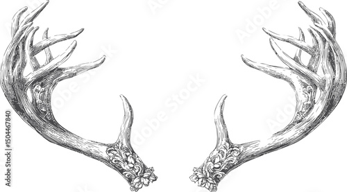 Intricate vintage illustration of two ornate deer antlers in black and white. Vector illustration