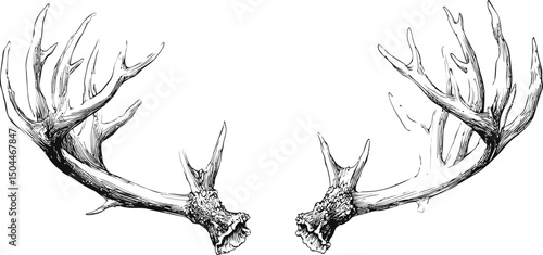 Detailed sketch of two symmetrical deer antlers in black and white illustration. Vector illustration