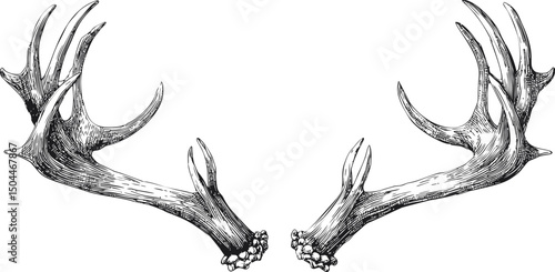Detailed black and white illustration of deer antlers facing each other. Vector illustration