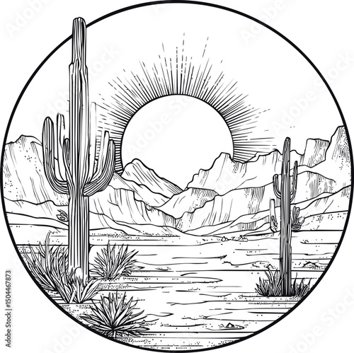 Desert landscape with cacti and mountains under a sunburst black and white drawing. Vector illustration