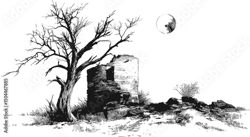 Desolate landscape with bare tree and ruined building under a moonlit sky. Vector illustration