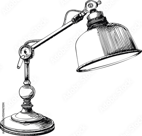 Vintage desk lamp illustration with adjustable arm and detailed shading. Vector illustration