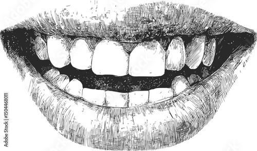 Illustration of a smiling mouth with detailed teeth sketch in black and white. Vector illustration