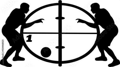 "Basketball illustration in stark black and white: silhouetted players in kinetic motion around a central hoop. A player in jersey number '1' appears prominently at the lower left, with a basketball p