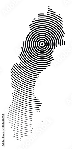Abstract map of Sweden showing the country with concentric black tapering lines