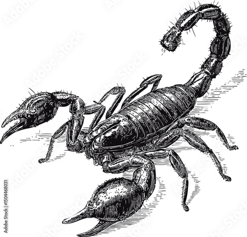 Detailed black and white drawing of a scorpion with intricate shading. Vector illustration