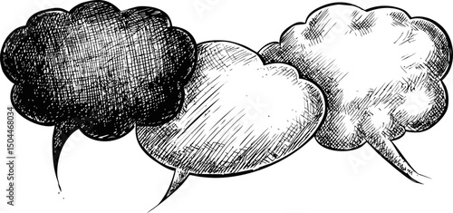 Three sketched speech bubbles with detailed hand-drawn texture, black and white illustration. Vector illustration