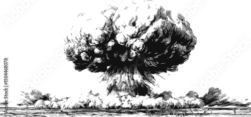 Black and white illustration of a large explosive mushroom cloud in the sky. Vector illustration